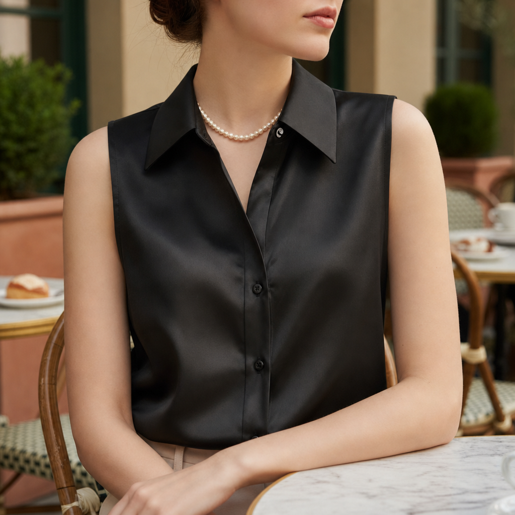 Imperia Satin Sleeveless Blouse in Black