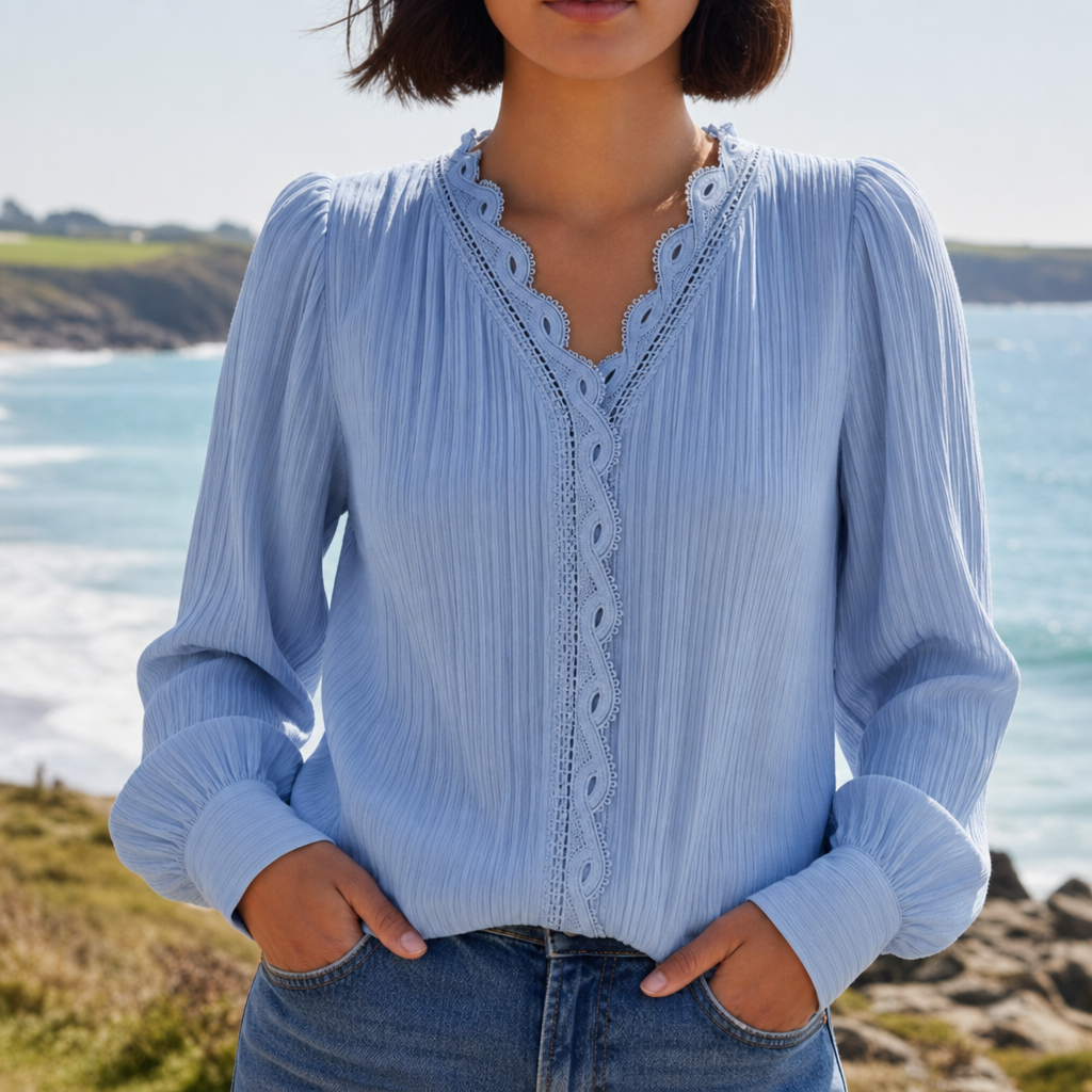 Mljet Lace Trim V-Neck Blouse in Blue