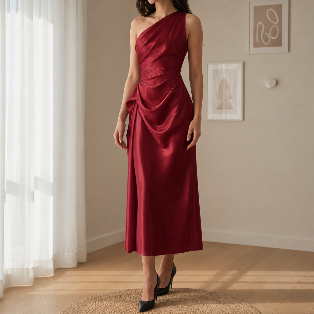 Narbonne Draped Satin Midi Dress in Burgundy