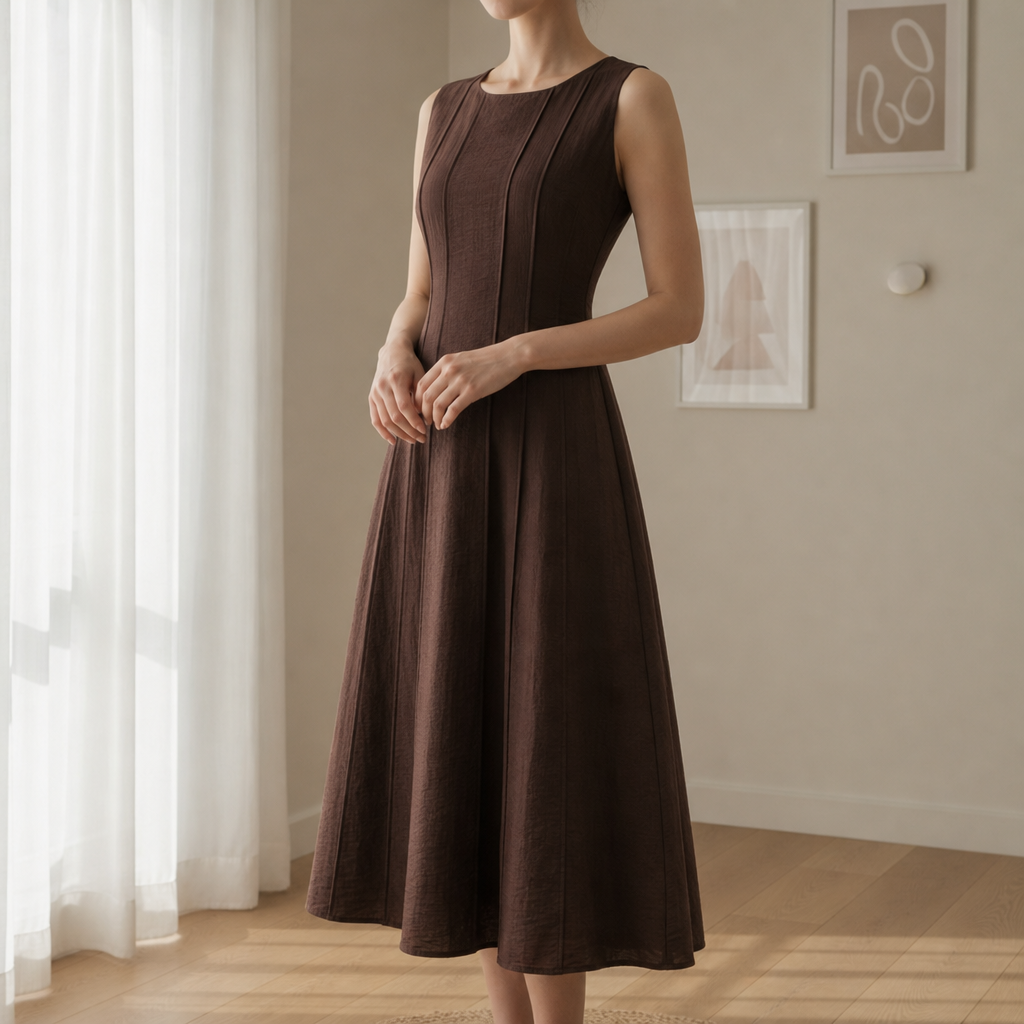 Amarante Linen A-Line Midi Dress in Coffee Brown