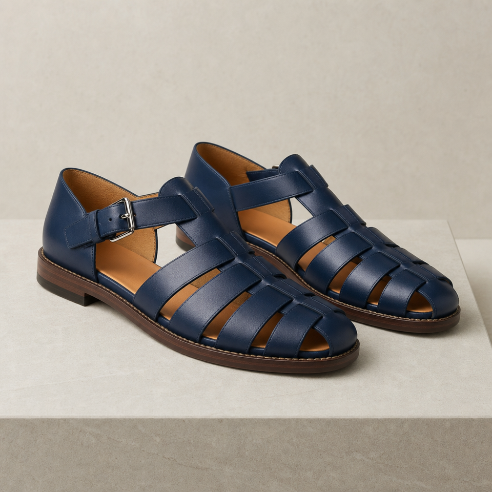 Samos Leather Gladiator Sandals in Dark Blue