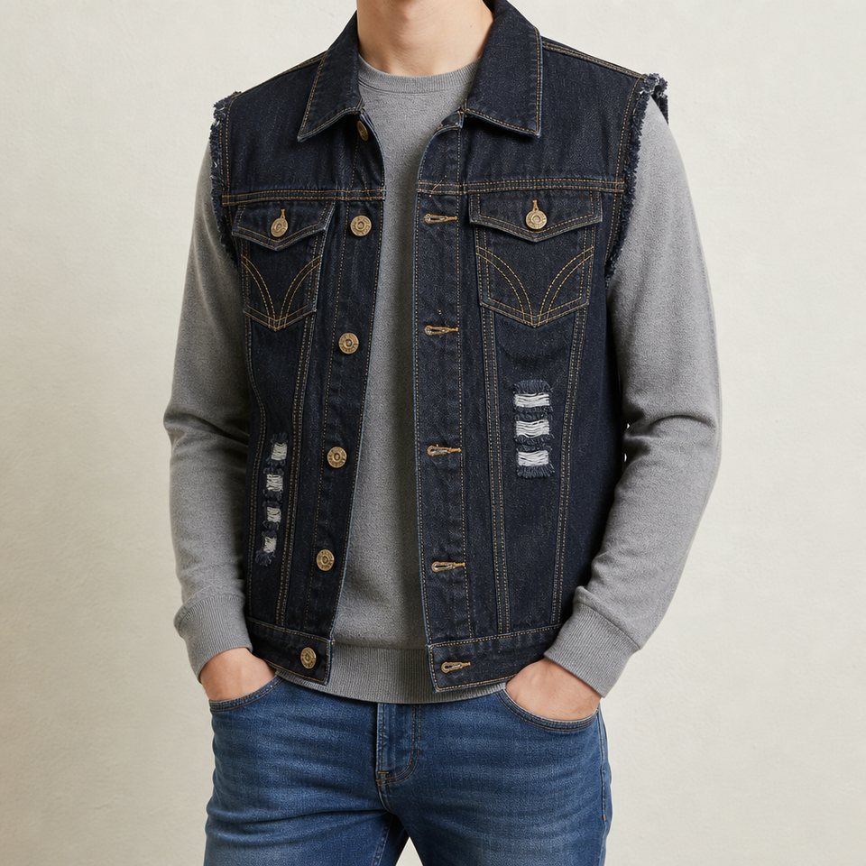 Larnaca Distressed Denim Vest in Dark Blue