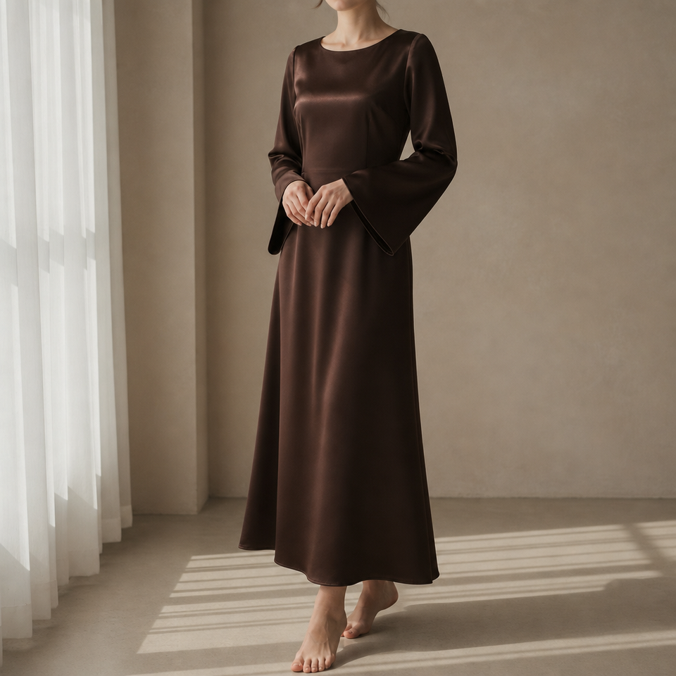 Astypalaia Satin Evening Gown in Dark Brown
