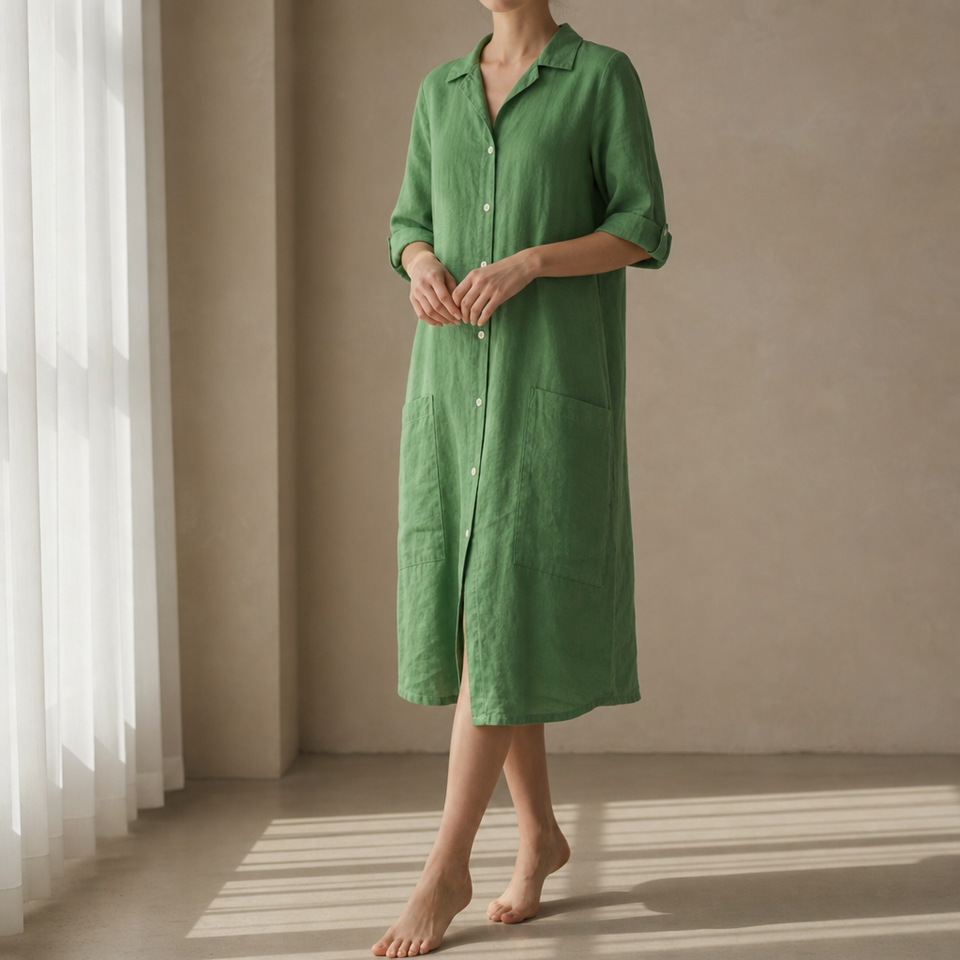 Segovia Linen Button-Up Shirt Dress in Green