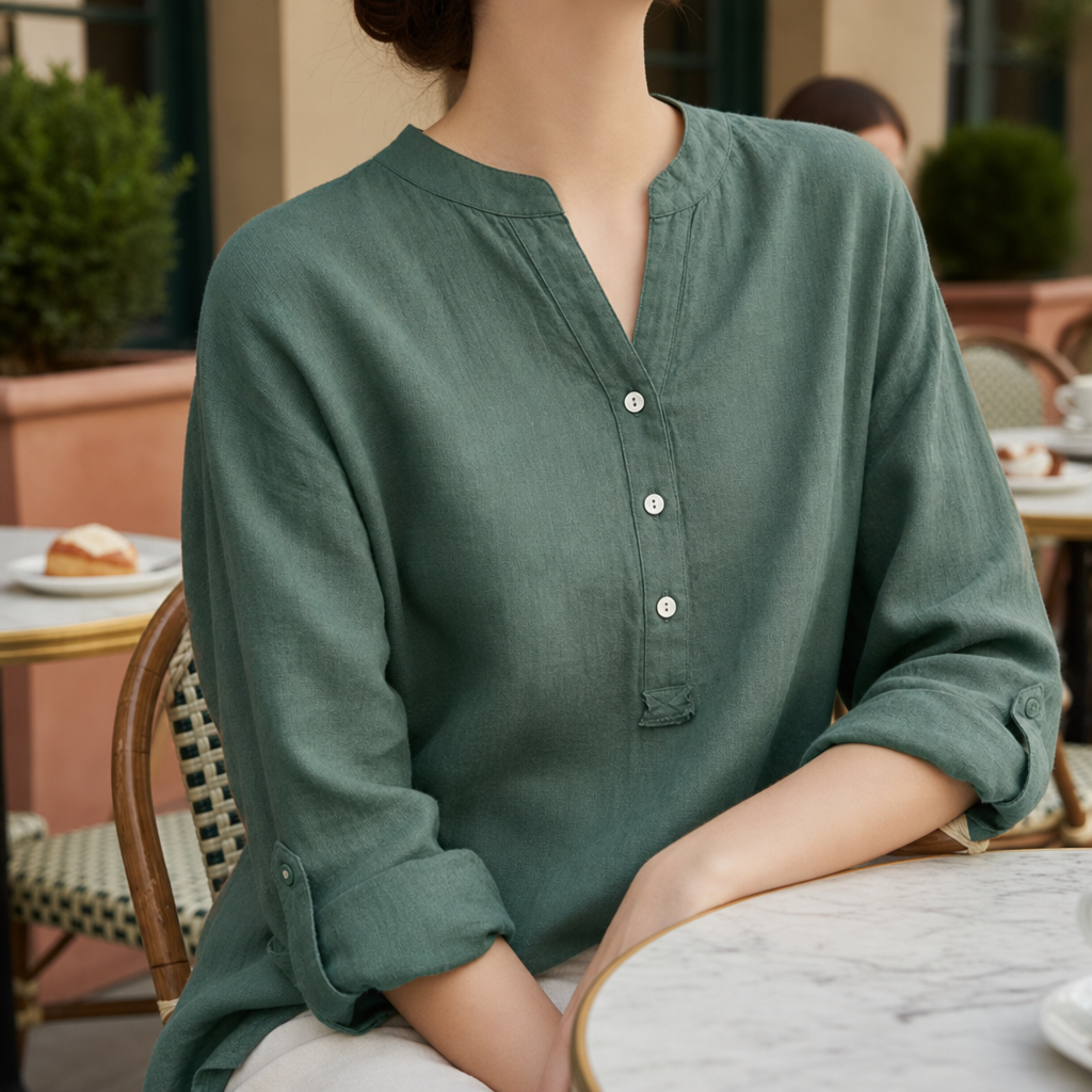 Paphos Linen Button-Up Tunic in Green