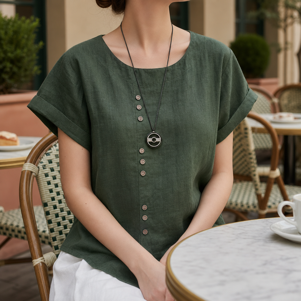 Begur Linen Button Blouse in Olive Green