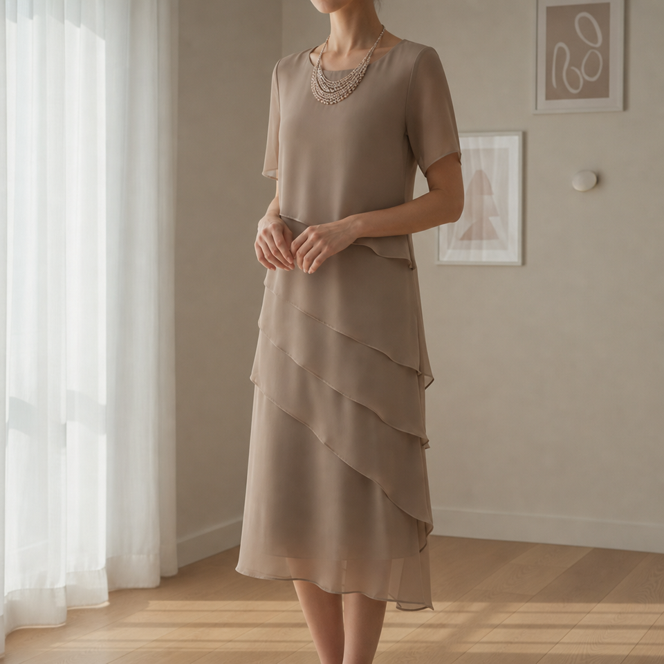 Mantova Tiered Chiffon Midi Dress in Khaki