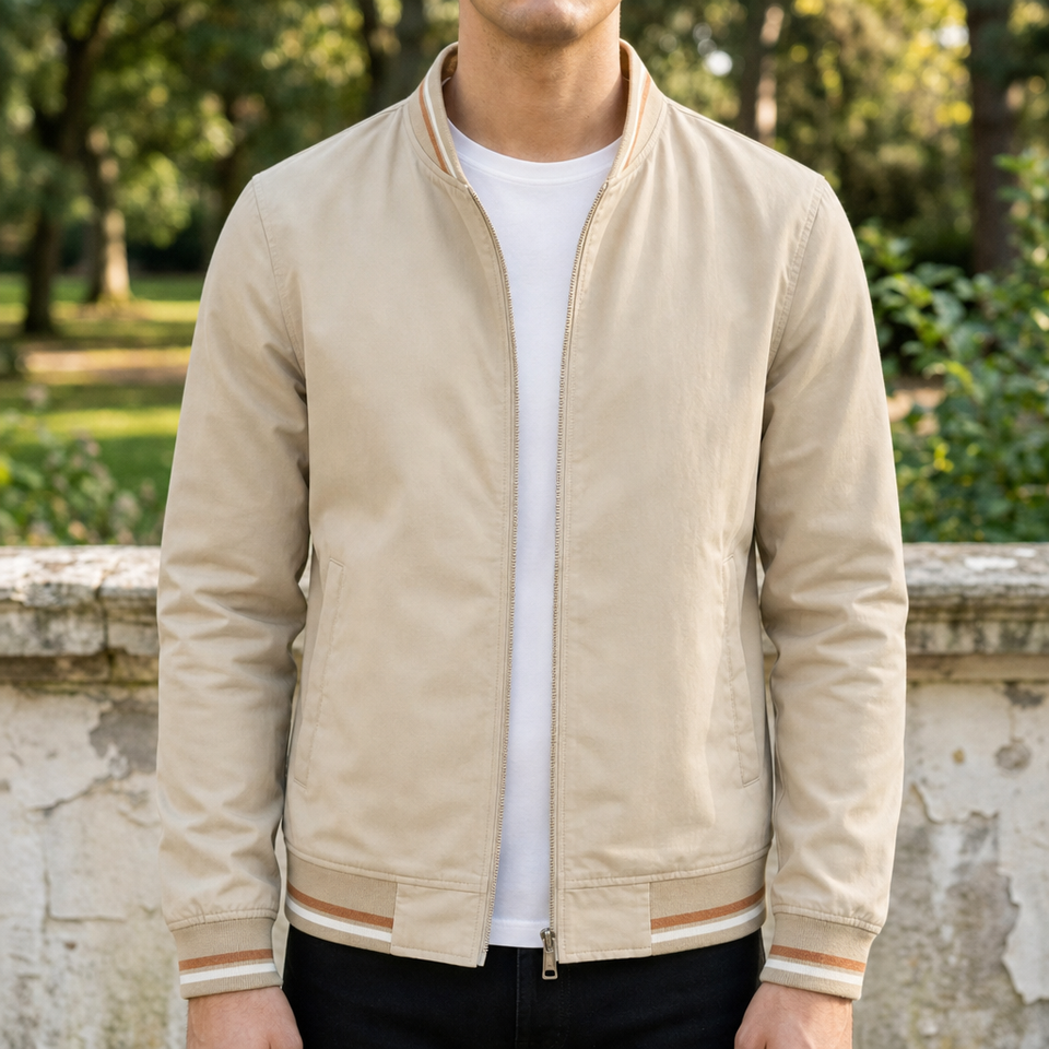 Kalymnos Striped Trim Bomber Jacket in Khaki