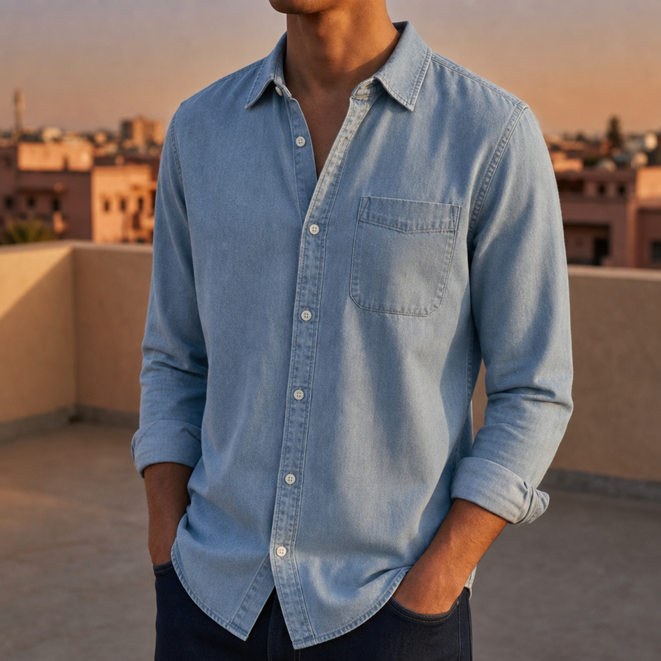 Mdina Casual Denim Button-Down in Light Blue