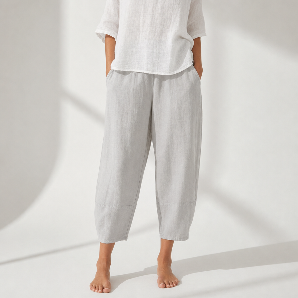 Antiparos Loose Linen Cropped Pants in Light Gray