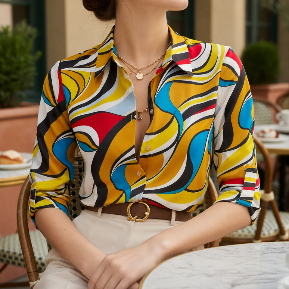 Merano Geometric Print Blouse in Multicolor Retro Swirl