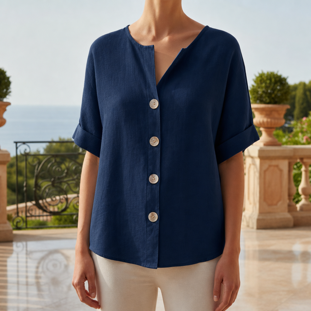 Tarifa Linen Button-Up Blouse in Navy Blue