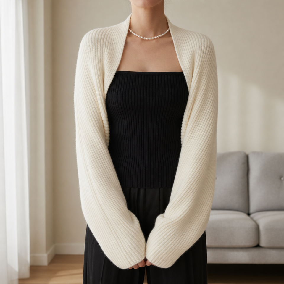 Sitges Ribbed Knit Shrug Cardigan in Off White