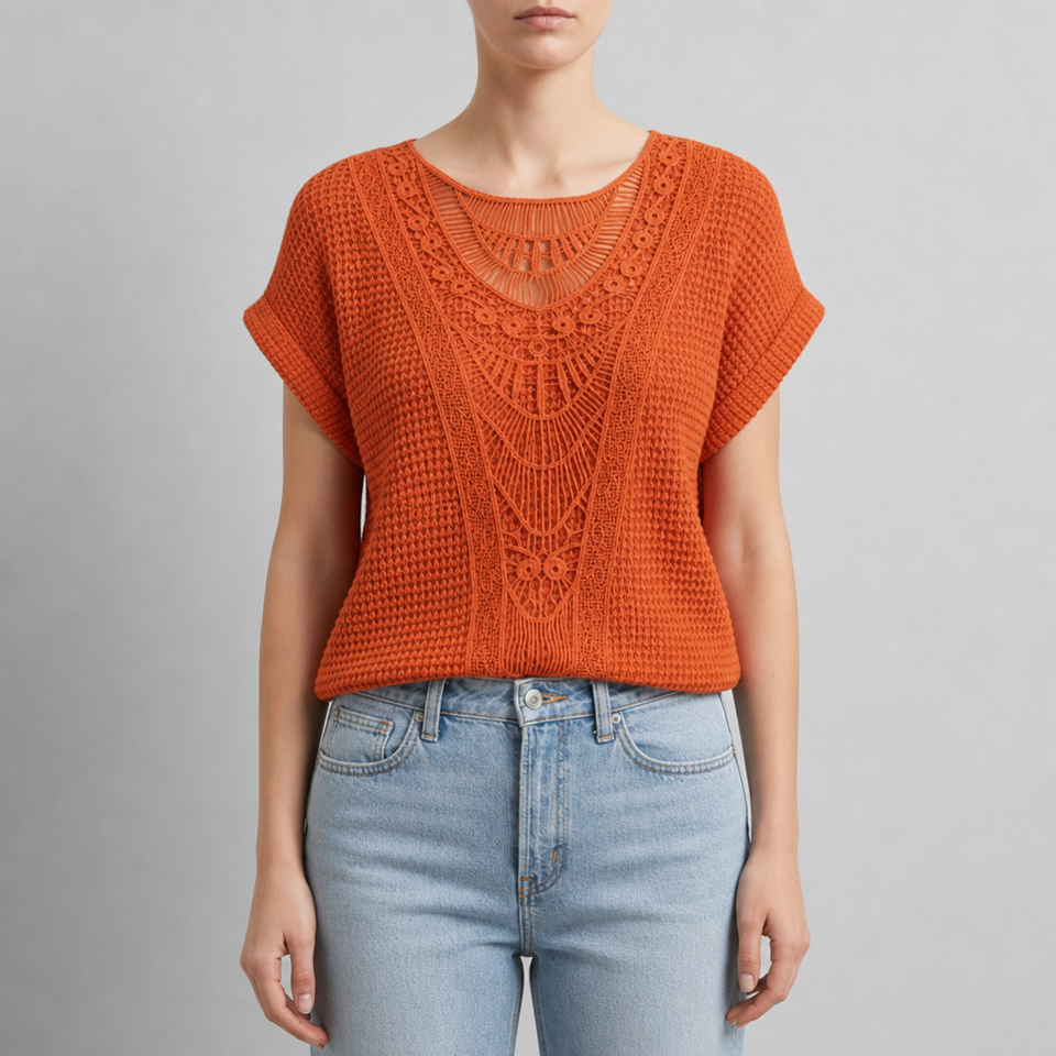 Ajaccio Crochet Lace Knit Blouse in Orange