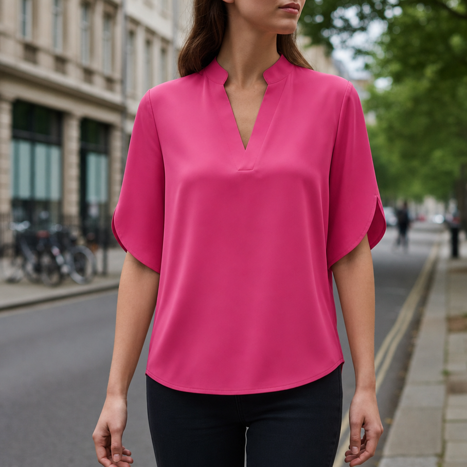 Tivoli V-Neck Satin Blouse in Fuchsia Pink