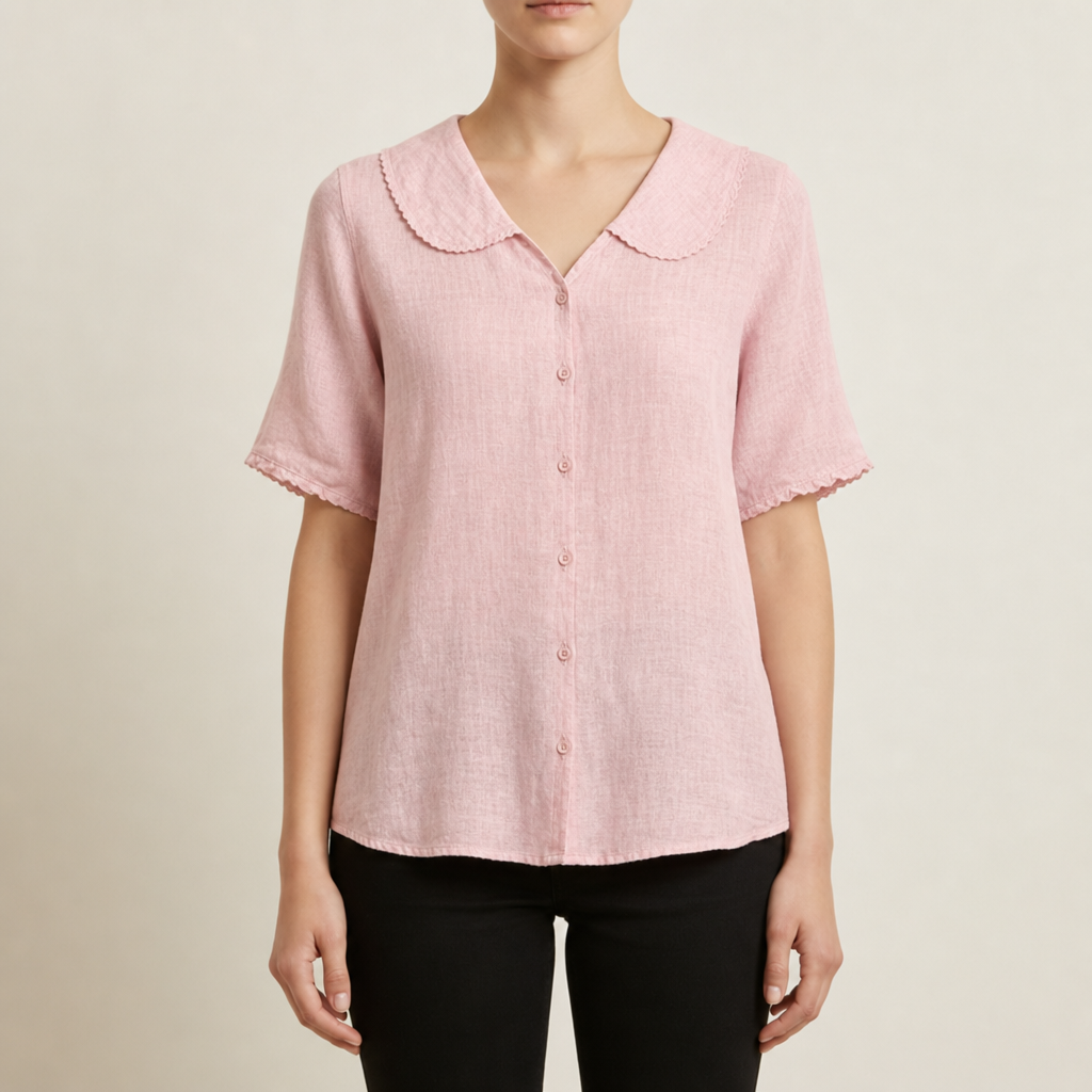 Sorrento Doll Collar Linen Blouse in Light Pink
