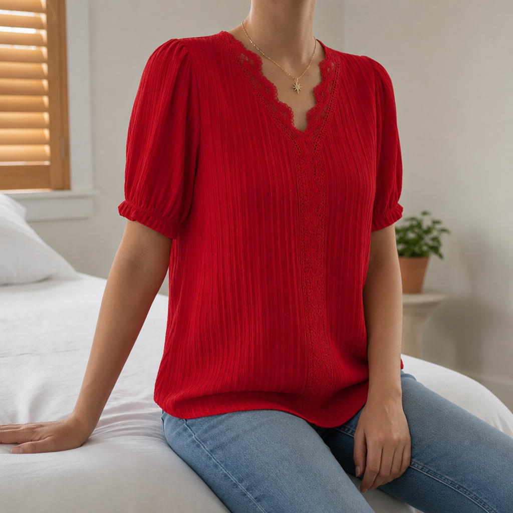 Poros Lace Trim Puff Sleeve Blouse in Red