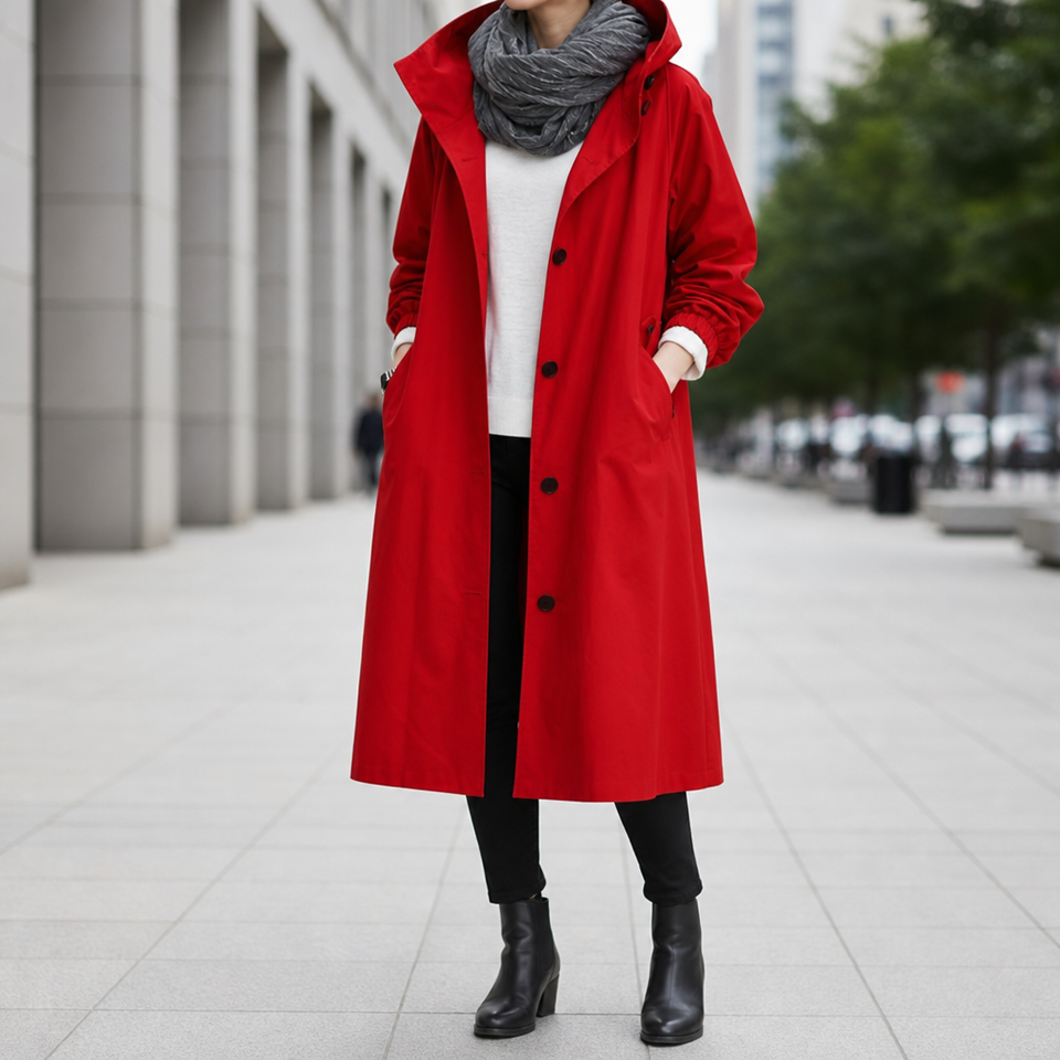 Frigiliana Hooded Longline Trench Coat in Red