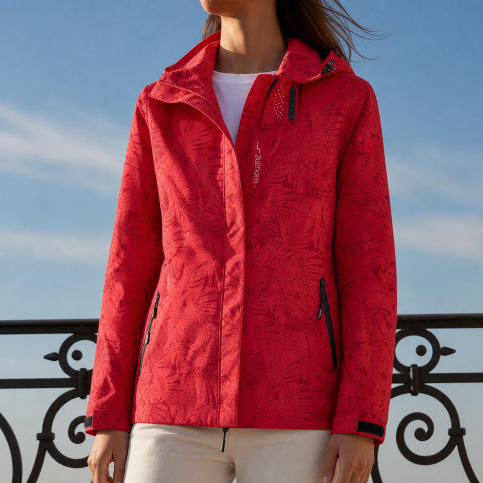 Arles Leaf Print Hooded Jacket in Red