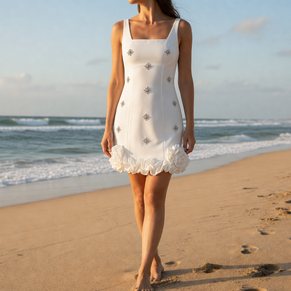 Otranto Crystal Ruffle Hem Mini Dress in White