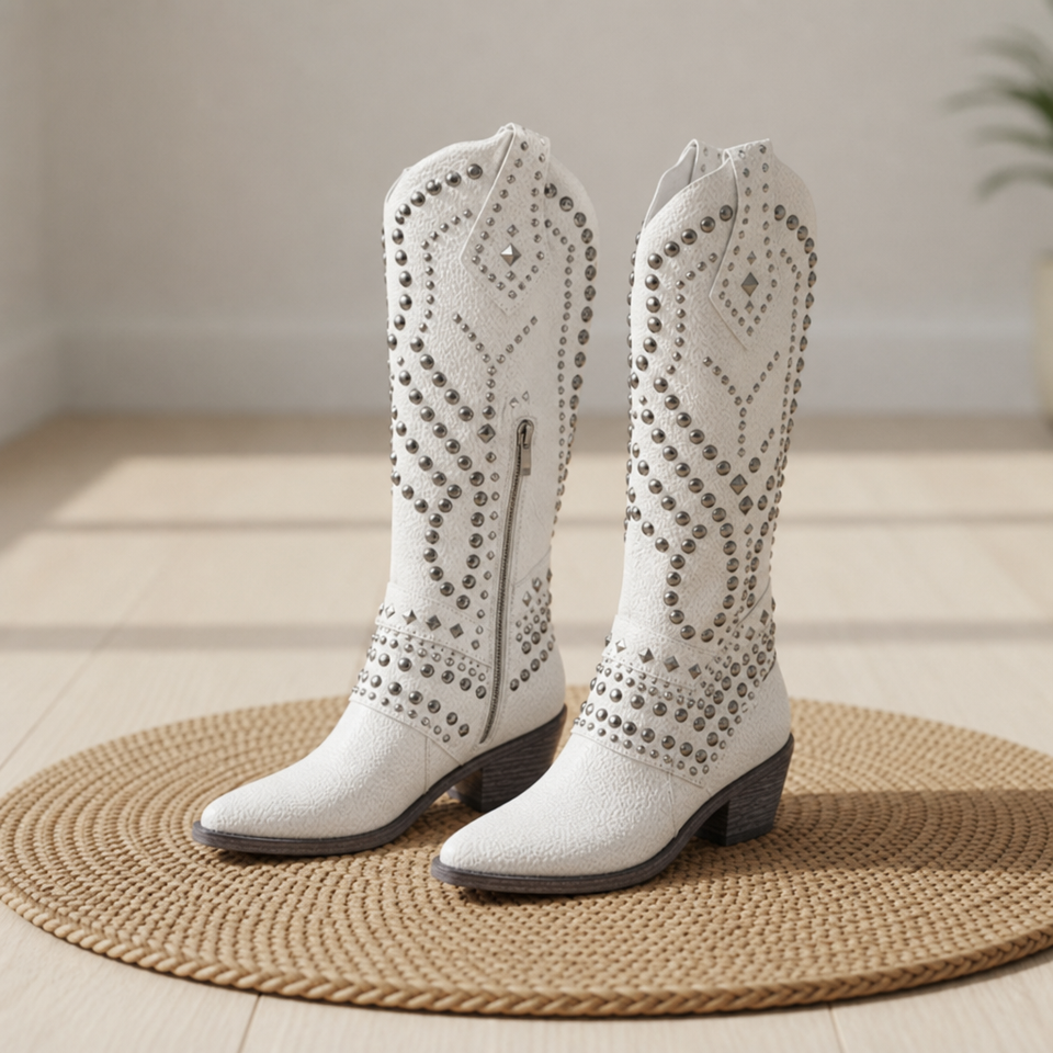 Alassio Studded Western Knee-High Boots in White