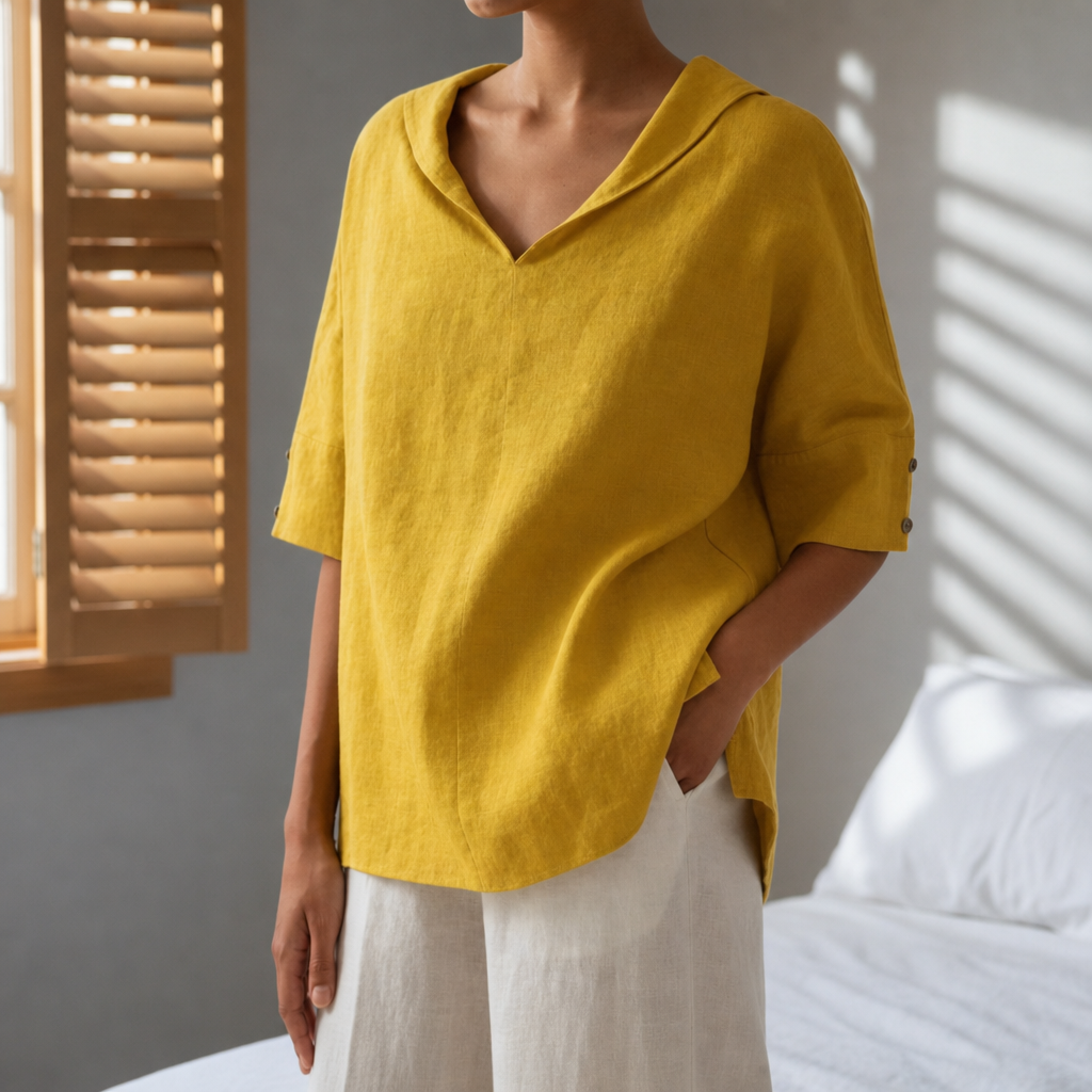 Camogli Linen V-Neck Blouse in Mustard Yellow