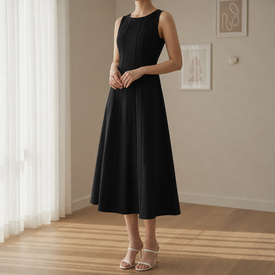 Amarante Linen A-Line Midi Dress in Black