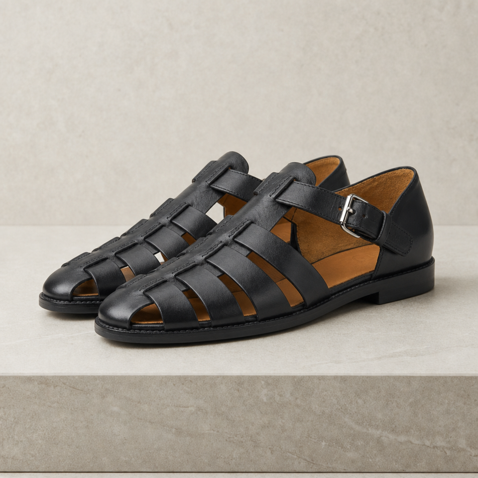 Samos Leather Gladiator Sandals in Black
