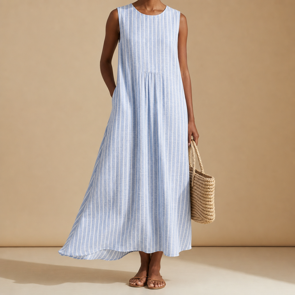Caceres Plaid Tiered Midi Dress in Periwinkle Stripe