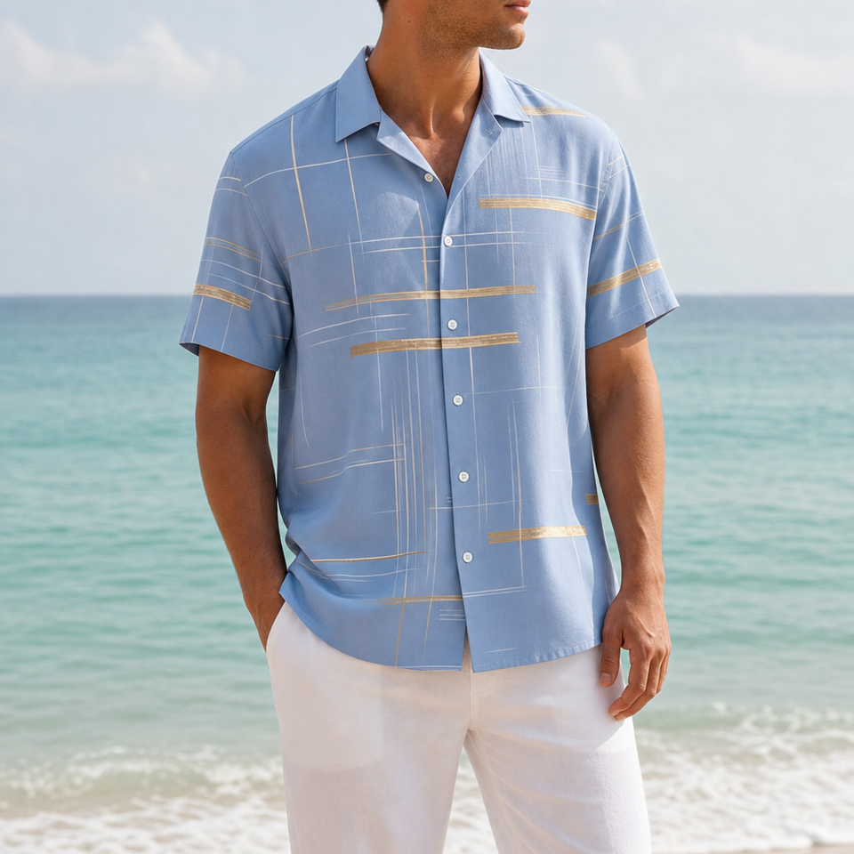 Bandol Geometric Plaid Button Shirt in Powder Blue