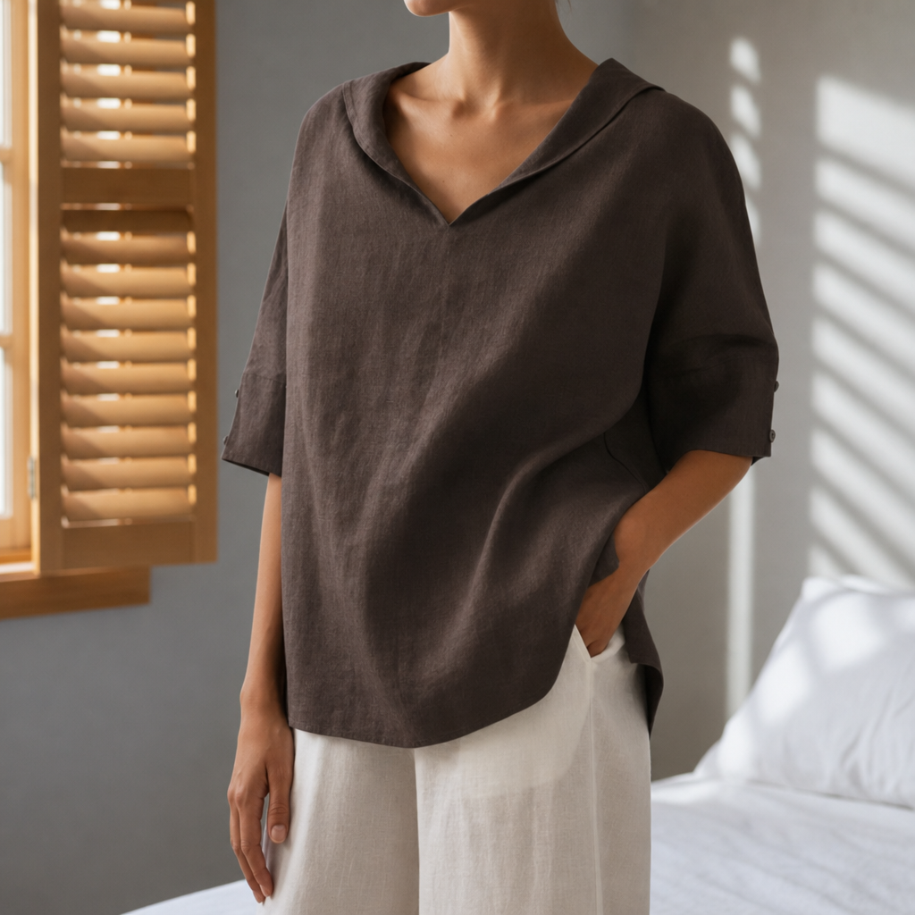 Camogli Linen V-Neck Blouse in Chocolate Brown