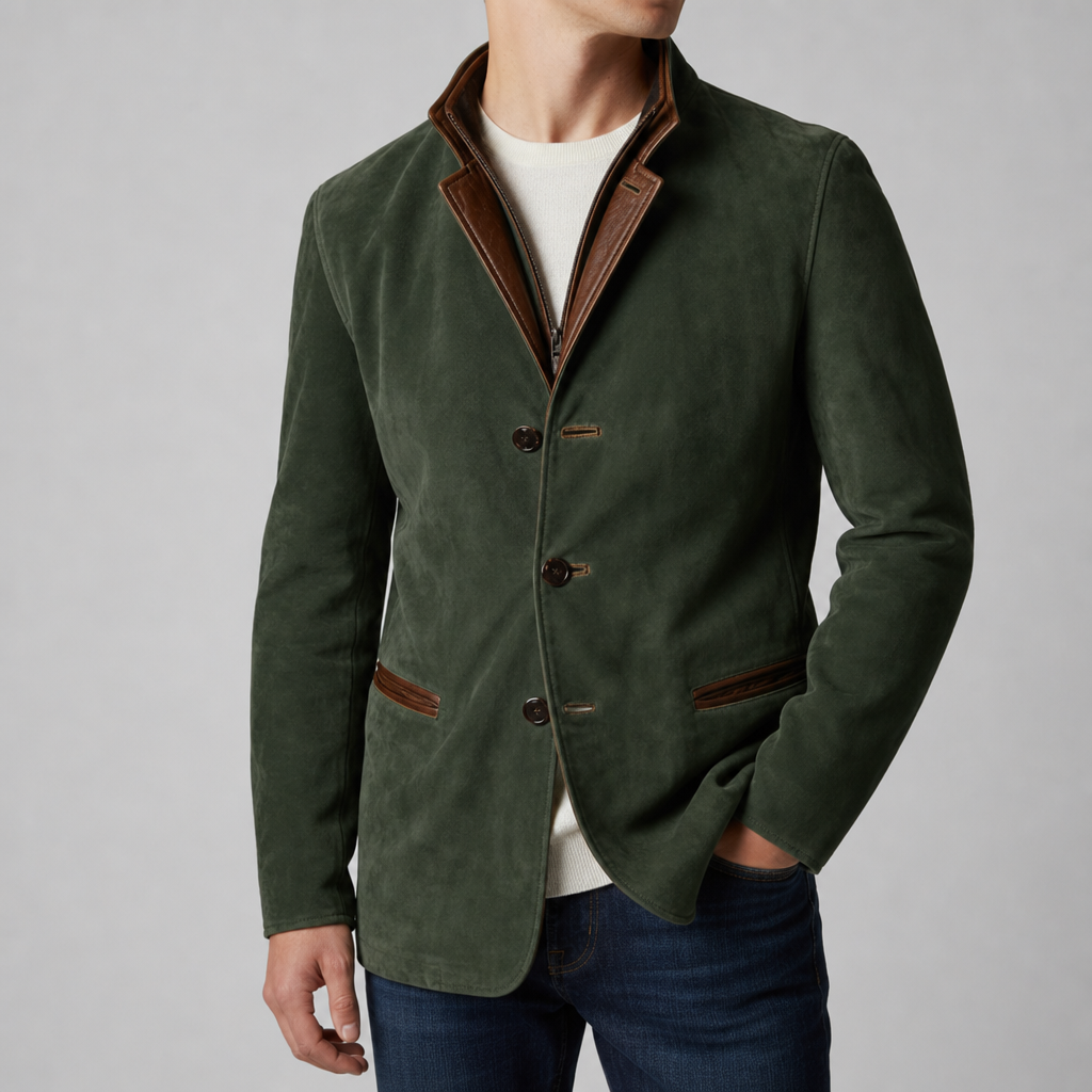 Paros Suede Leather Blazer Jacket in Olive Green
