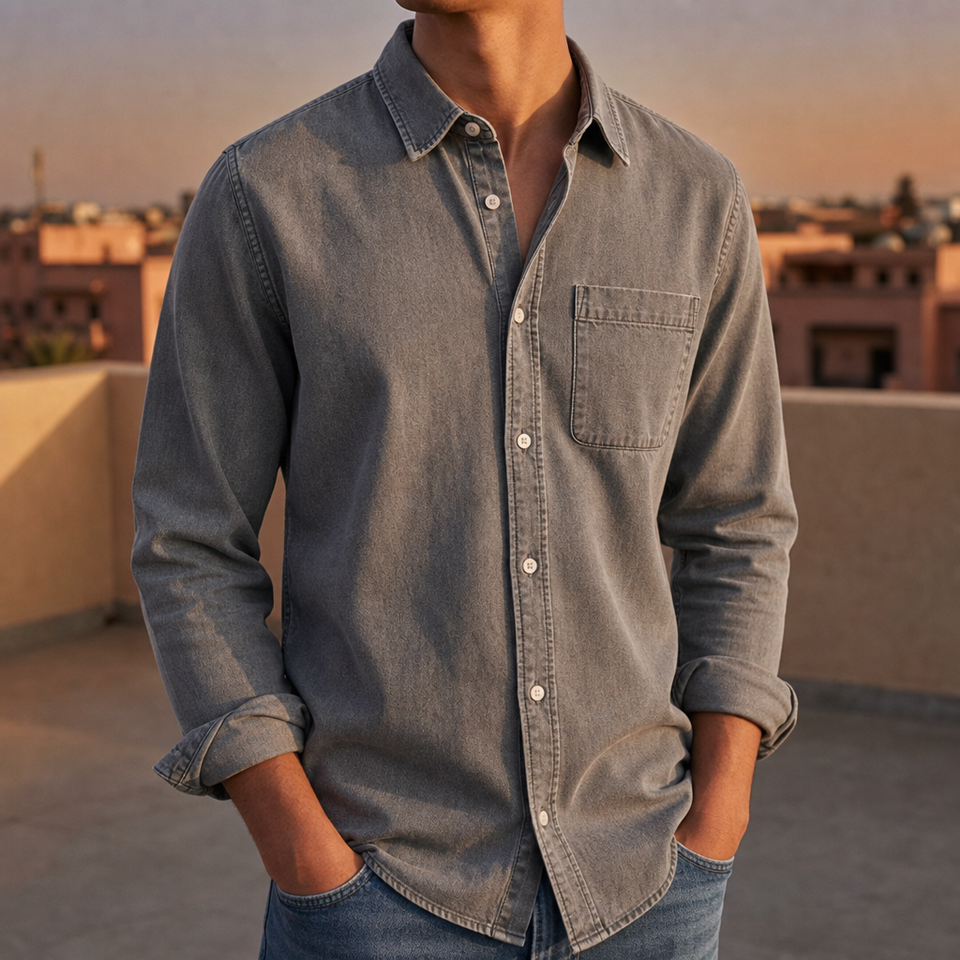 Mdina Casual Denim Button-Down in Gray