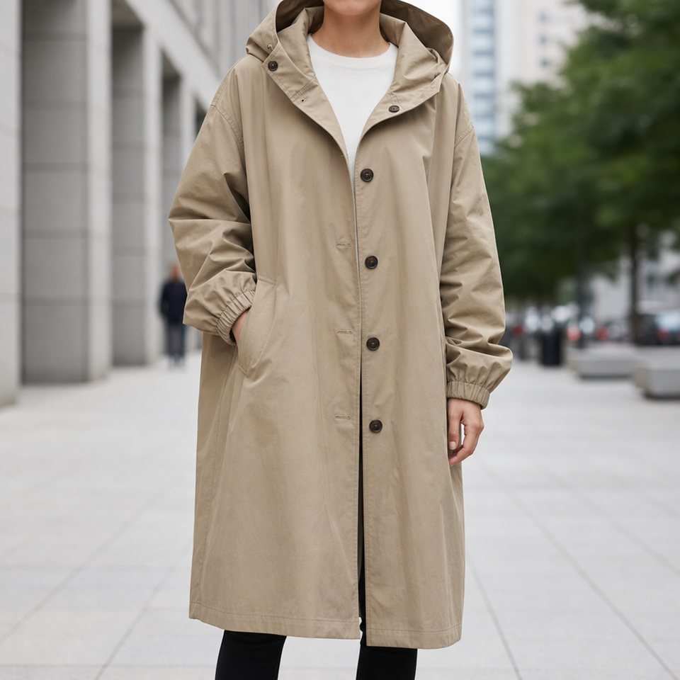Frigiliana Hooded Longline Trench Coat in Khaki