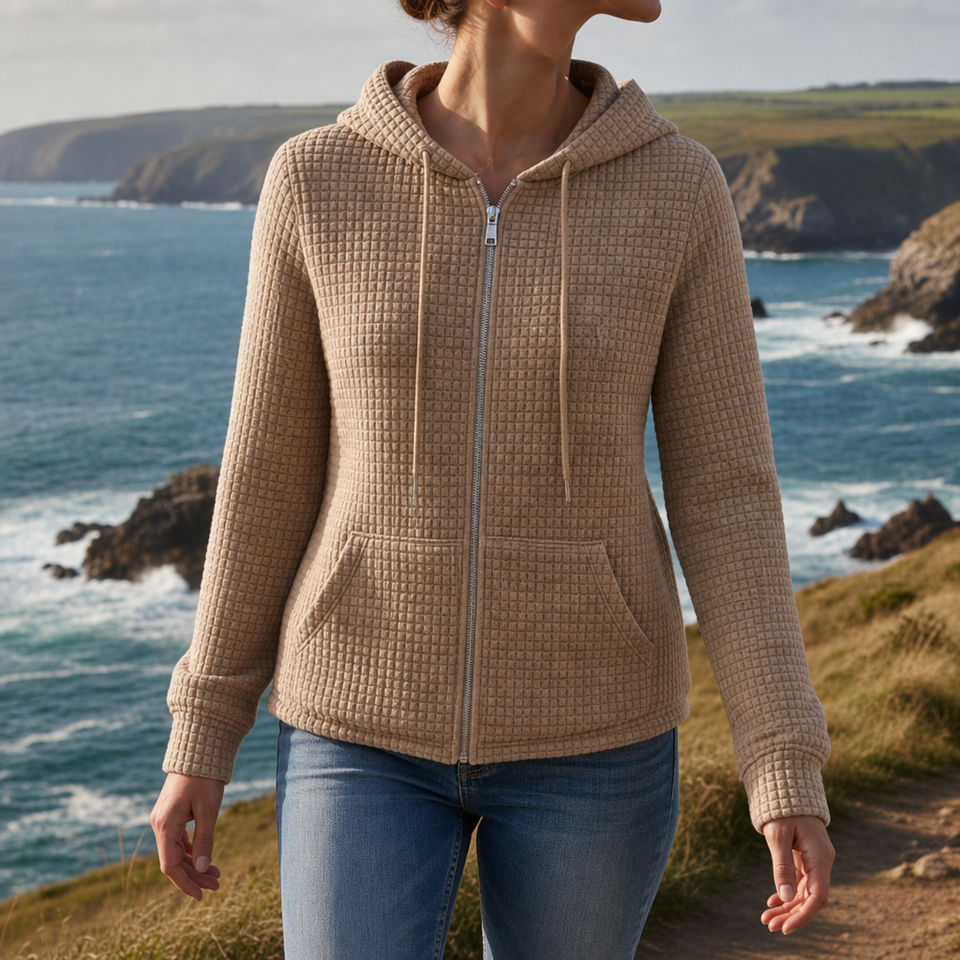 Kefalonia Waffle Knit Zip Hoodie in Khaki