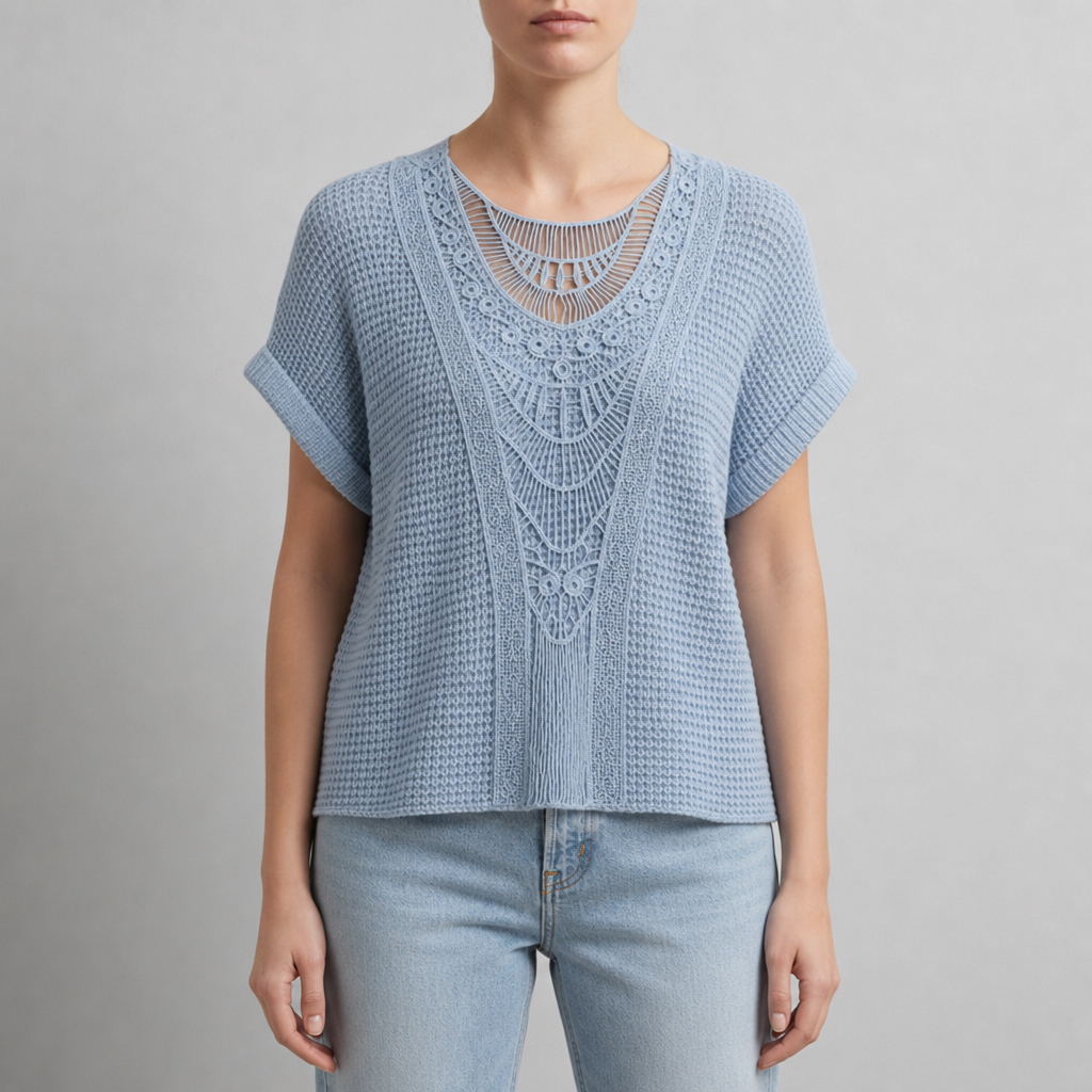 Ajaccio Crochet Lace Knit Blouse in Light Blue