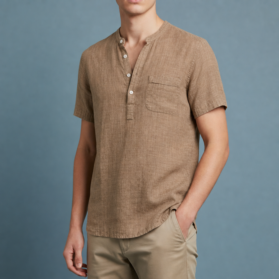 Anzio Linen Henley Shirt in Light Brown
