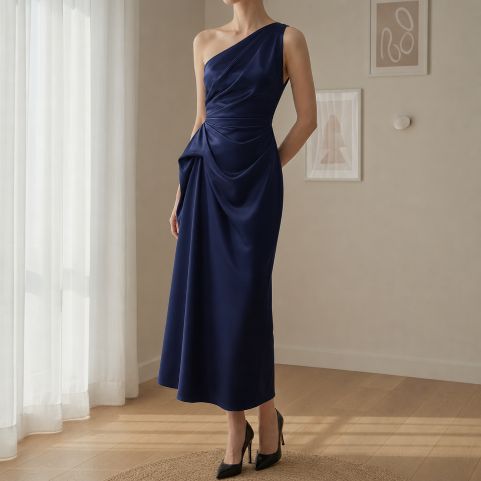 Narbonne Draped Satin Midi Dress in Navy Blue