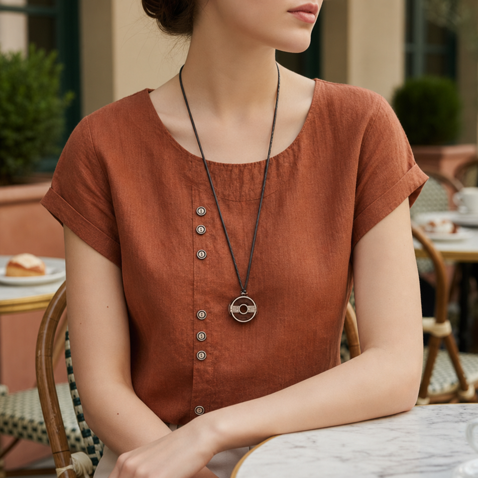 Begur Linen Button Blouse in Rust Orange