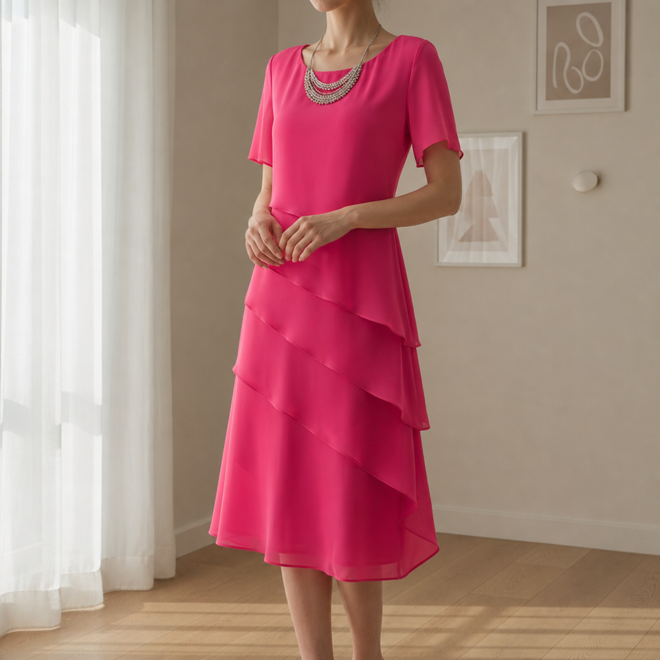 Mantova Tiered Chiffon Midi Dress in Pink