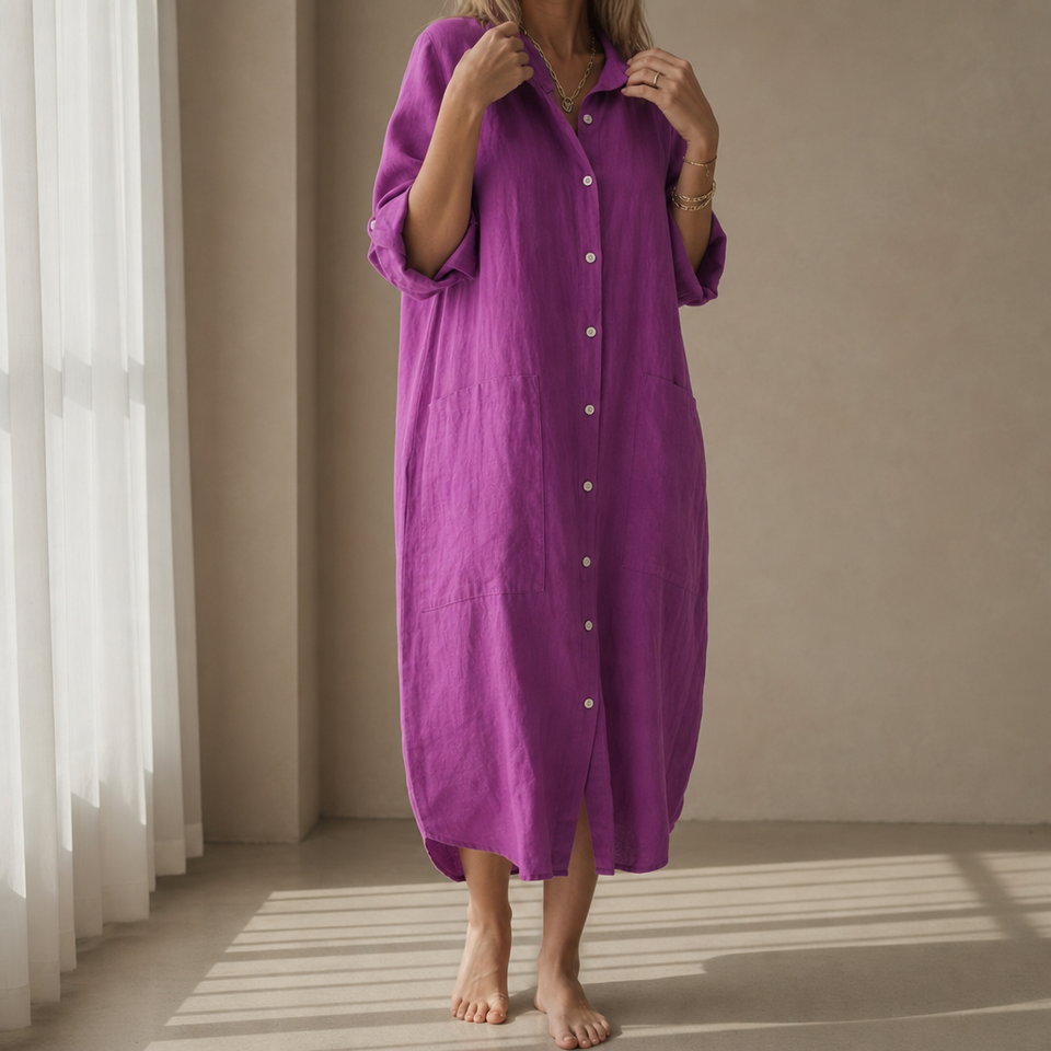 Segovia Linen Button-Up Shirt Dress in Purple
