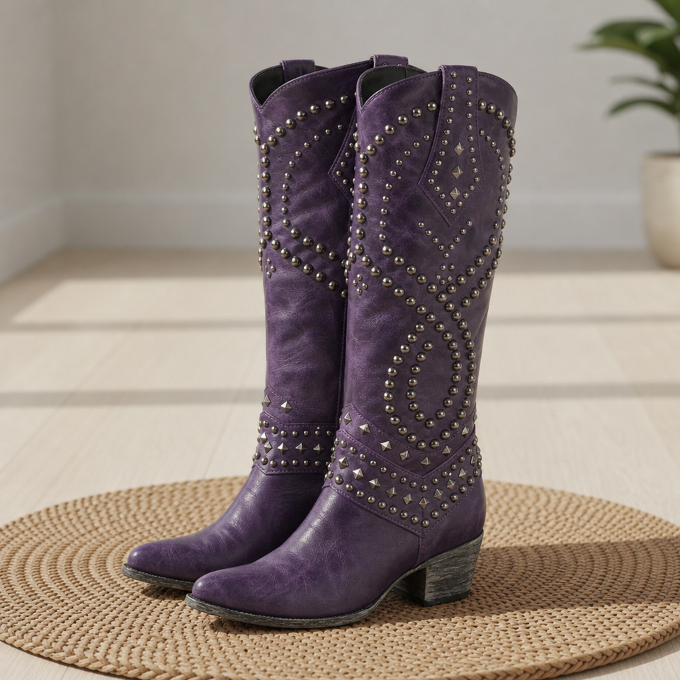Alassio Studded Western Knee-High Boots in Purple