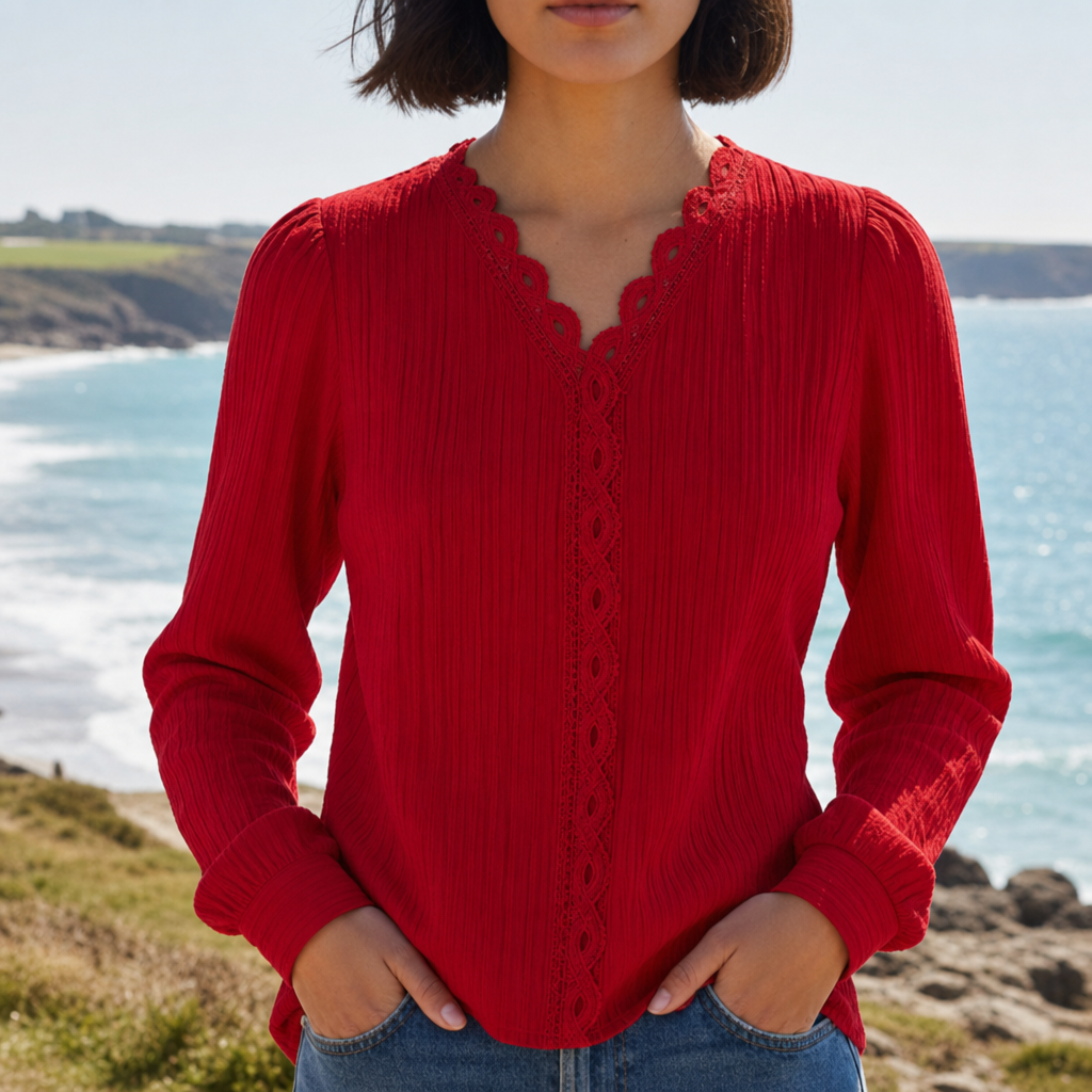 Mljet Lace Trim V-Neck Blouse in Red