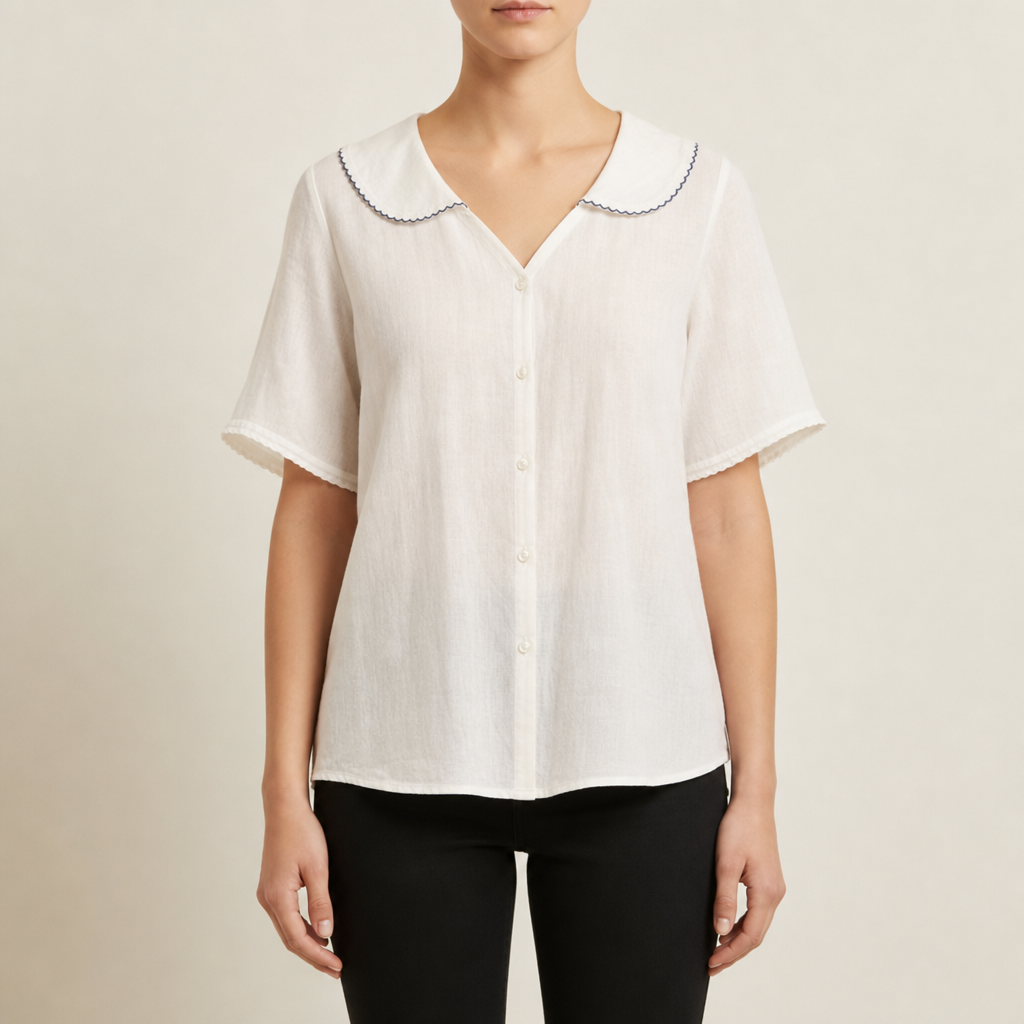 Sorrento Doll Collar Linen Blouse in Cream White