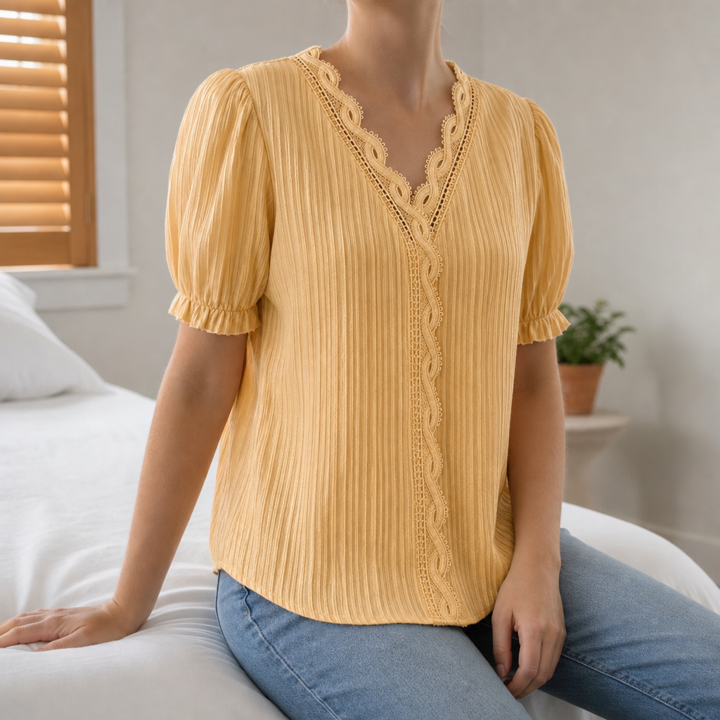 Poros Lace Trim Puff Sleeve Blouse in Champagne Gold