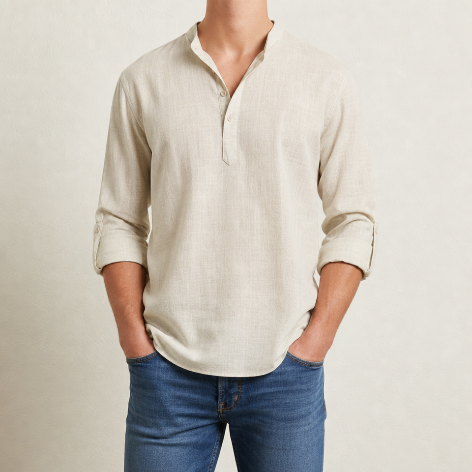 Apt Relaxed Linen Henley Shirt in Beige