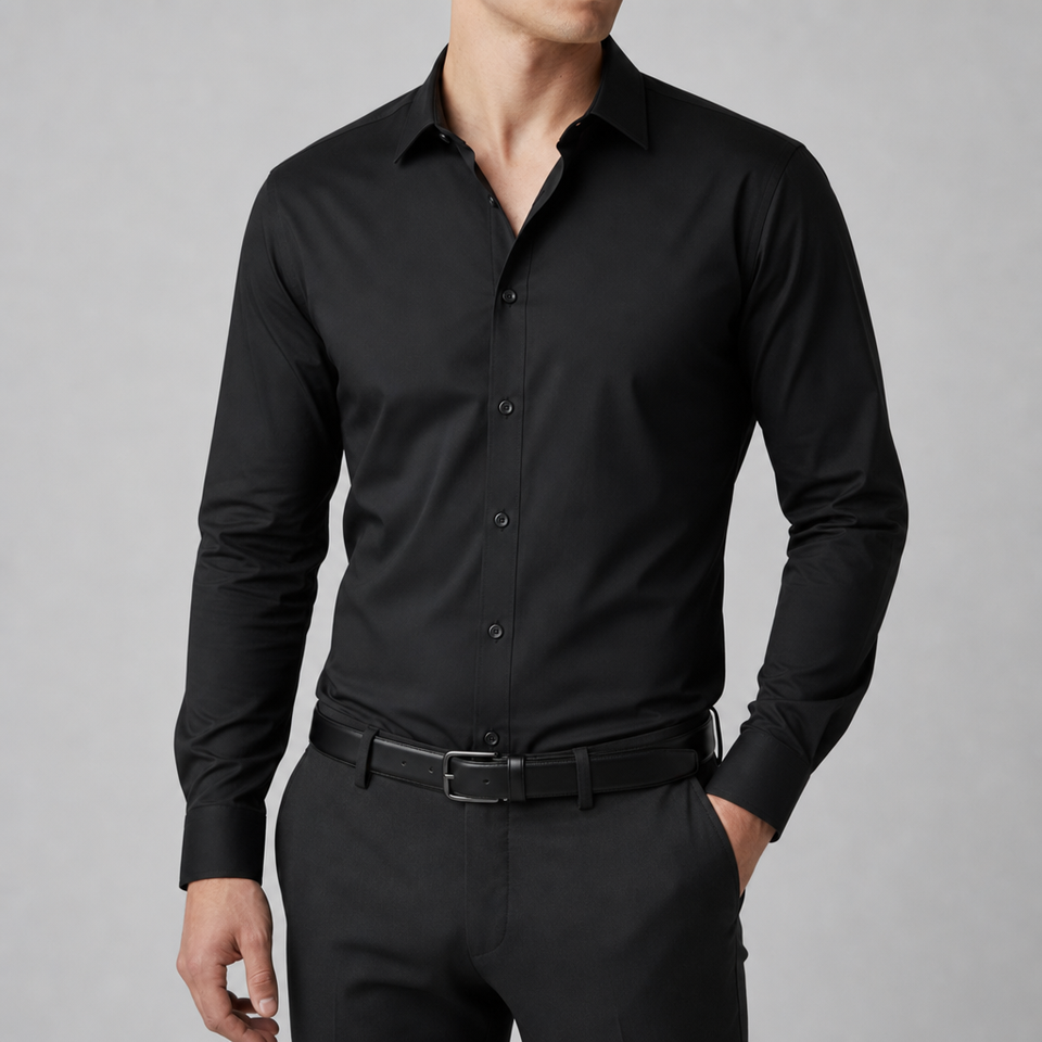 Folegandros Slim Fit Dress Shirt in Black