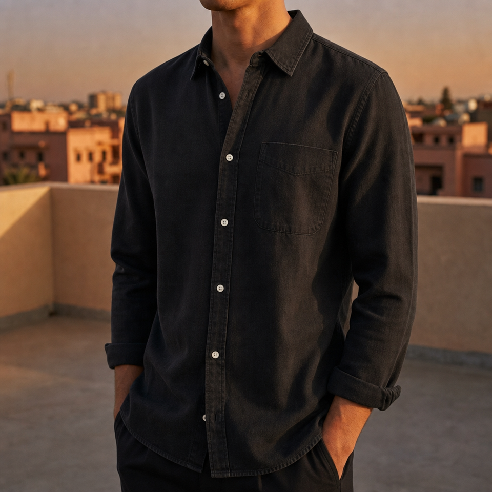 Mdina Casual Denim Button-Down in Black