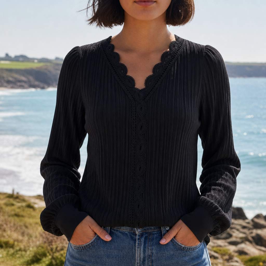 Mljet Lace Trim V-Neck Blouse in Black