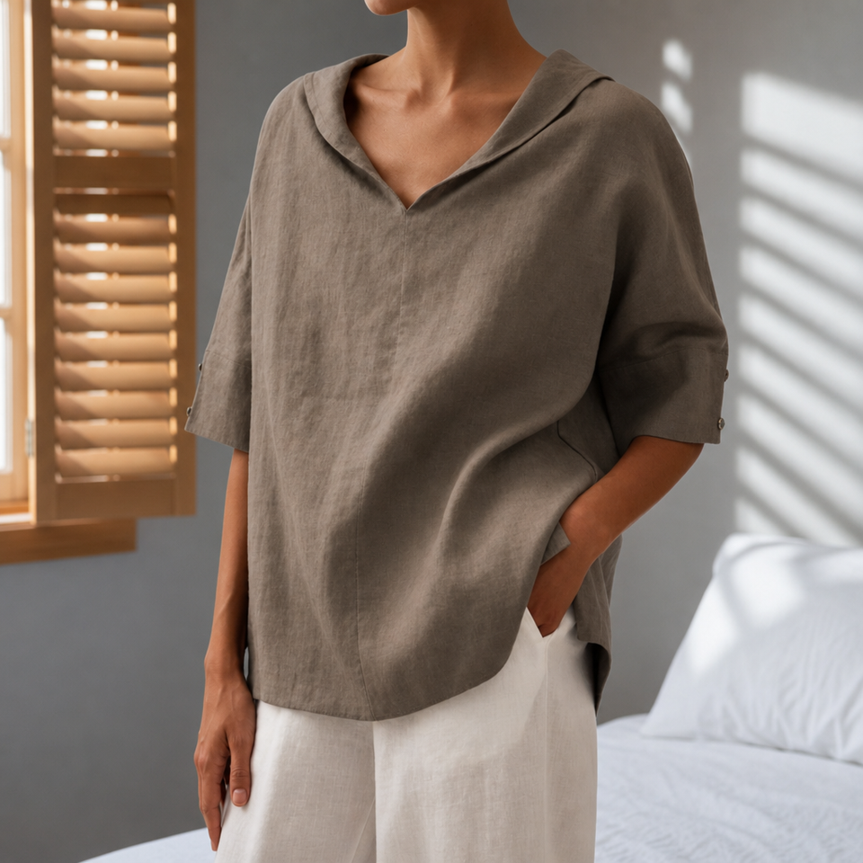 Camogli Linen V-Neck Blouse in Khaki